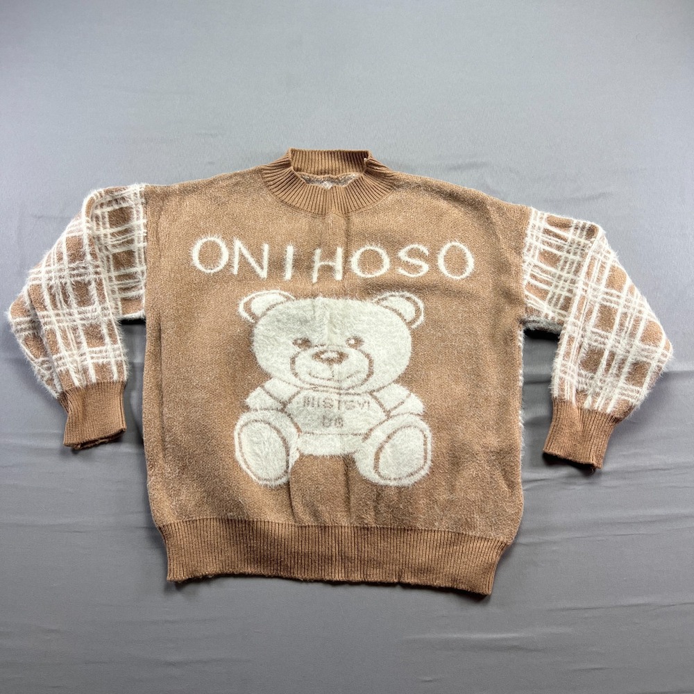 Womens Sweater Brown White Oni Hoso Teddy Bear Textured Plaid Sleeve Crew Neck